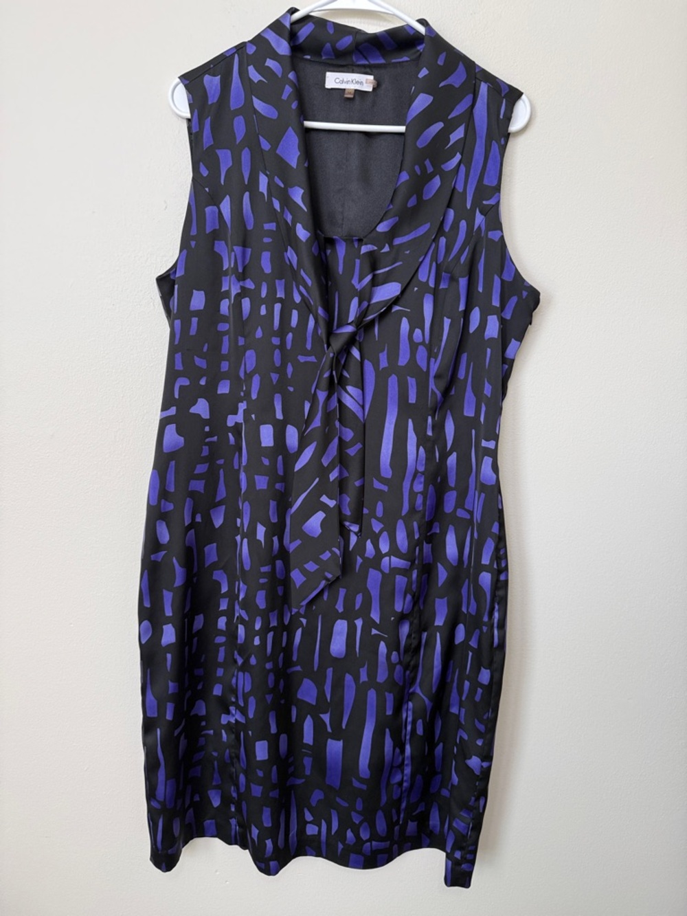 Calvin Klein Black and Purple Sleeveless Tie-Neck Shift Dress Womens Size 14